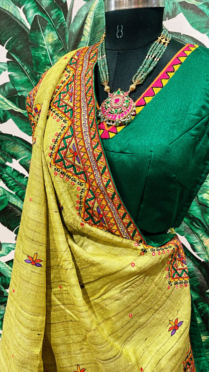 full hand embroided all over the saree and blouse madhubani art