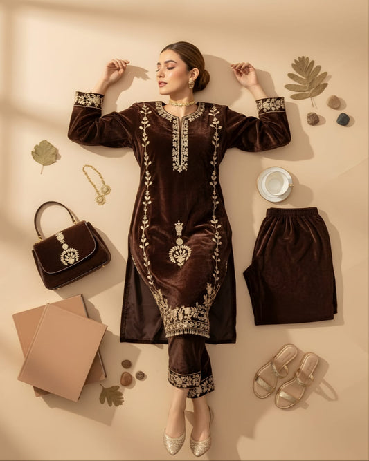 Woman in a brown embroidered outfit with accessories on a beige background