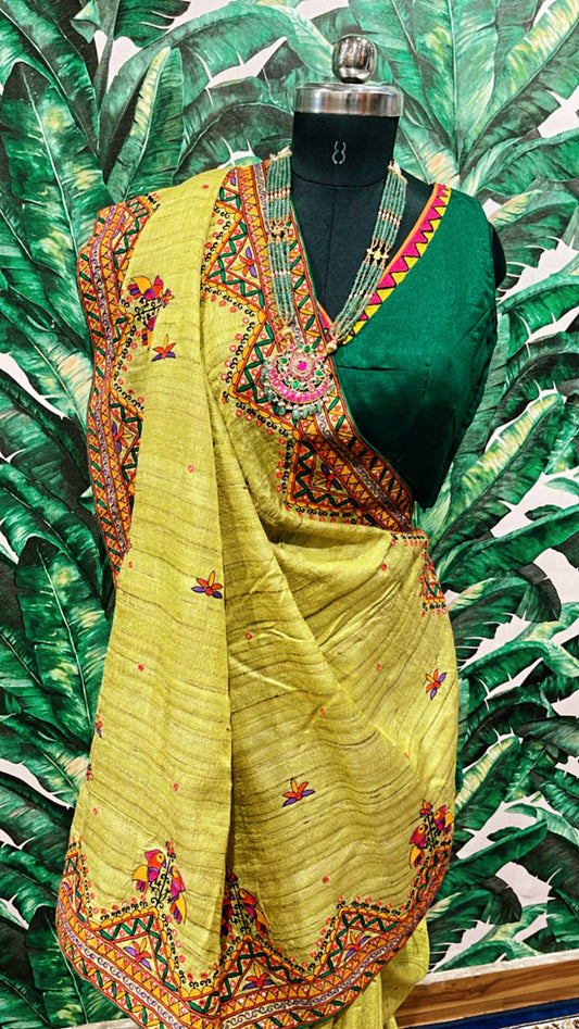 full hand embroided all over the saree and blouse madhubani art