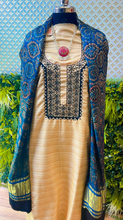 MADHUBANI hand embroidery on semi tassar silk with ajrak dupatta TWO PIECE SET