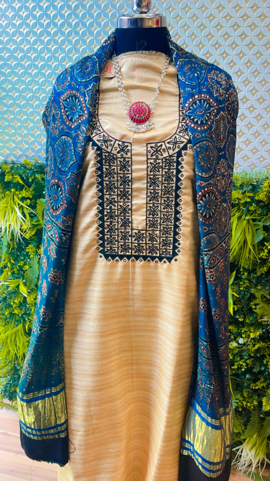 MADHUBANI hand embroidery on semi tassar silk with ajrak dupatta TWO PIECE SET