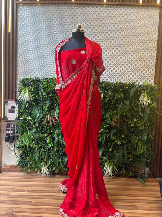 Swarovski Embellished Crepe Saree – Red & Green