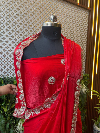 Swarovski Embellished Crepe Saree – Red & Green