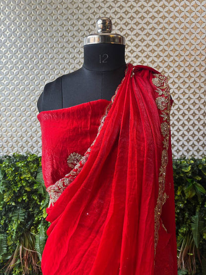 Swarovski Embellished Crepe Saree – Red & Green