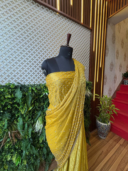 Mustard Yellow Crepe Handwork Saree – Elegant Designer Drape