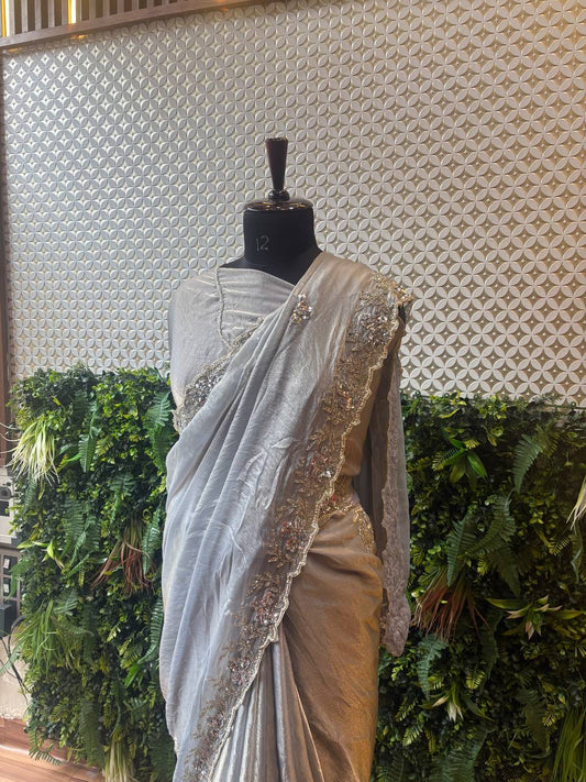 ✨ Moonlight Glimmer – Silver Shimmer Crepe Saree with Hand Embroidery