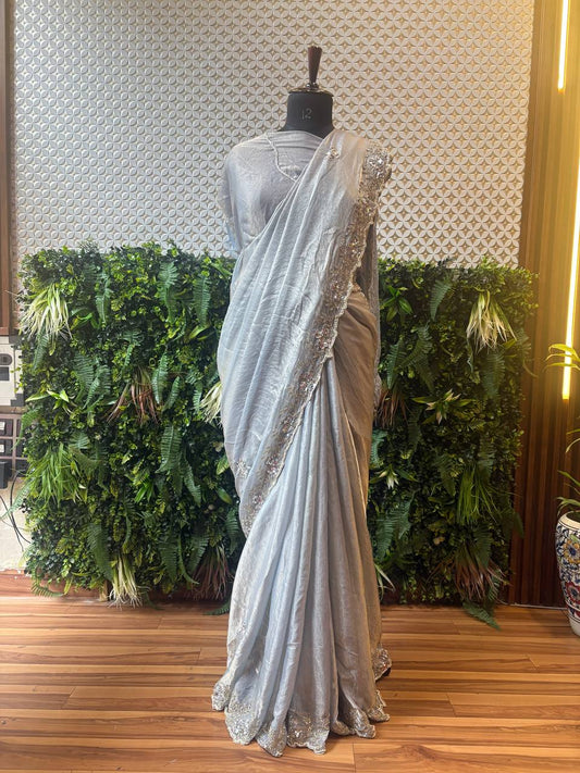 ✨ Moonlight Glimmer – Silver Shimmer Crepe Saree with Hand Embroidery