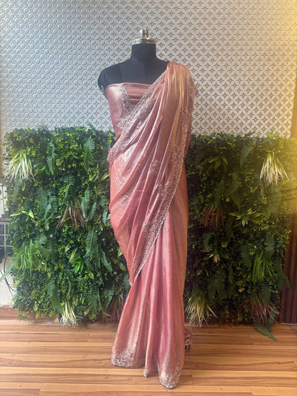 🌸 Blush Radiance – Rose Pink Shimmer Crepe Saree with Hand Embroidery