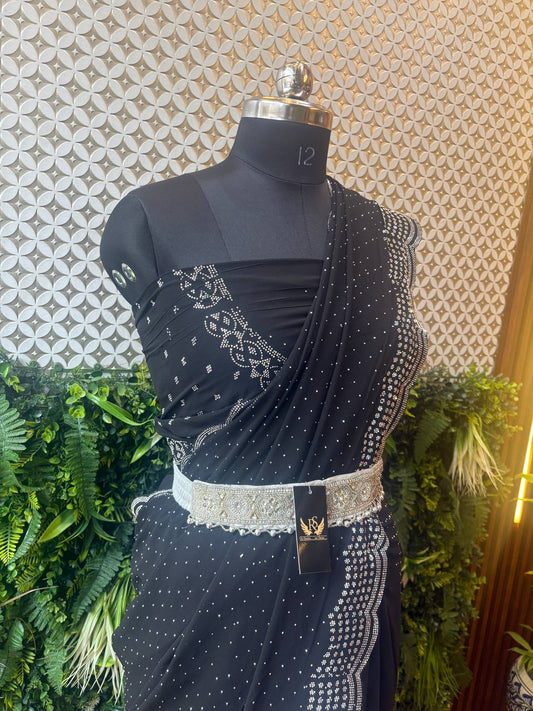 Midnight Grace – Black Crepe Saree with Printed and Stone Detailing