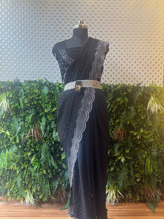 Midnight Grace – Black Crepe Saree with Printed and Stone Detailing