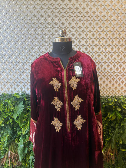 Maroon Velvet Suit Set with Zari Embroidery