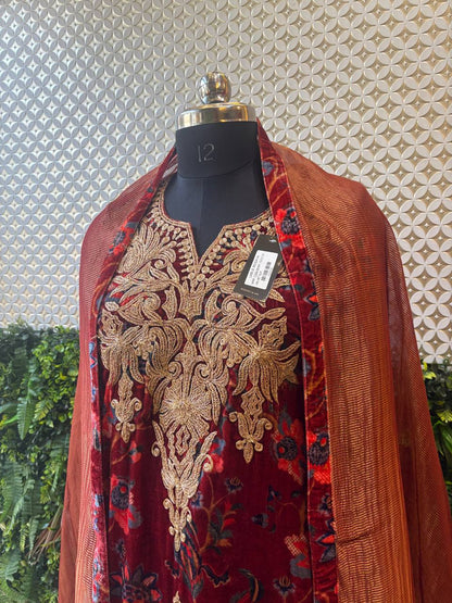 Regal Maroon Velvet Embroidered Suit – Royal Zari Work Ensemble