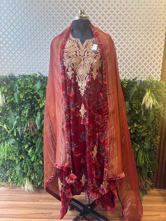 Regal Maroon Velvet Embroidered Suit – Royal Zari Work Ensemble