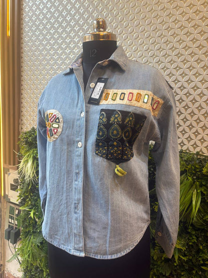 Denim Kutch Mirror Patch Shirt – Contemporary Ethnic Fusion