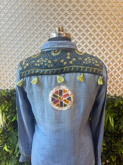 Denim Kutch Mirror Patch Shirt – Contemporary Ethnic Fusion
