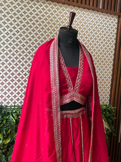 Rosaya Scarlet Red Embroidered Party Wear Lehenga Set