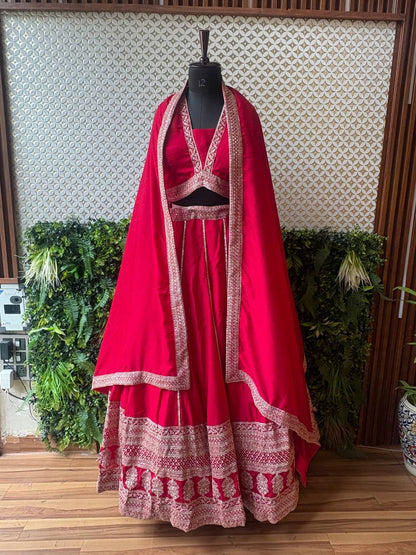 Rosaya Scarlet Red Embroidered Party Wear Lehenga Set