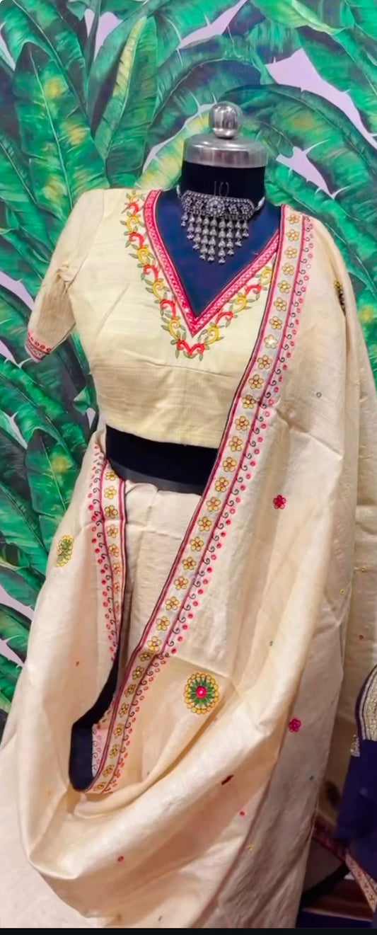 madhubani hand embroidery on pure tassar silk saree