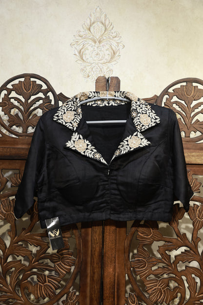 Noir Elegance Embroidered Collar Blouse