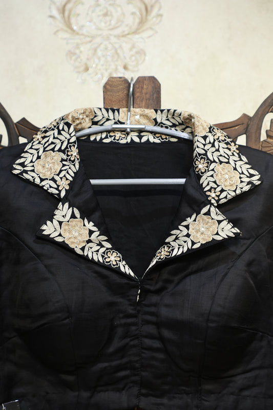 Noir Elegance Embroidered Collar Blouse