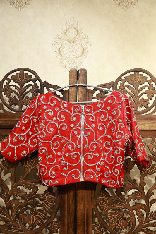 Red Embroidered V-Neck Blouse