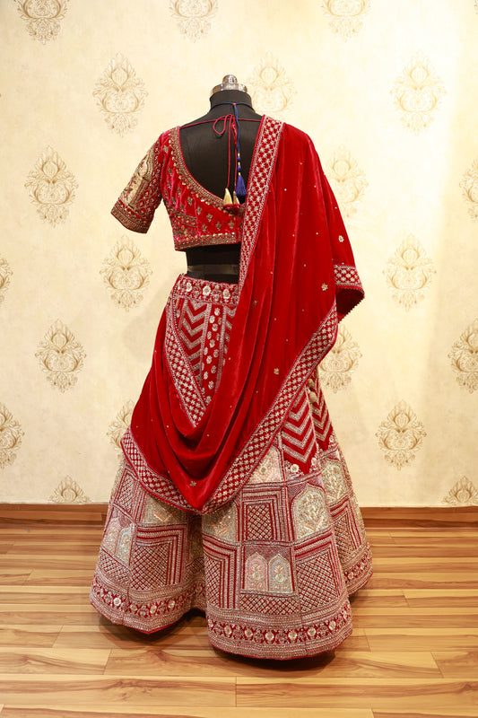 Red Velvet Zardozi Bridal Lehenga