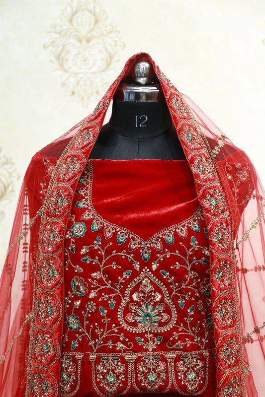Regal Red Velvet bridal Lehenga
