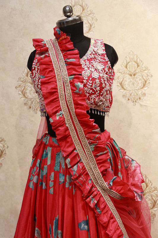 Ruffle Dupatta Floral Lehenga Set