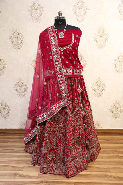 Crimson Red Velvet Bridal Lehenga Set