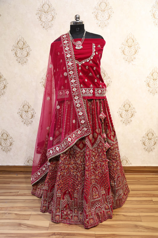 Crimson Red Velvet Bridal Lehenga Set
