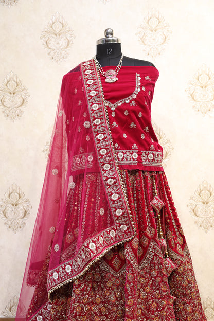 Crimson Red Velvet Bridal Lehenga Set