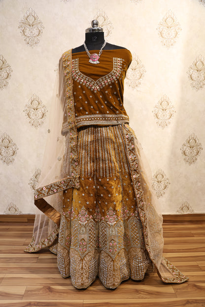 Antique Gold Velvet Bridal Lehenga