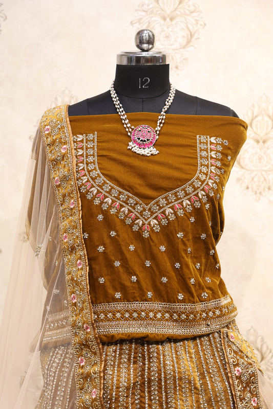 Antique Gold Velvet Bridal Lehenga