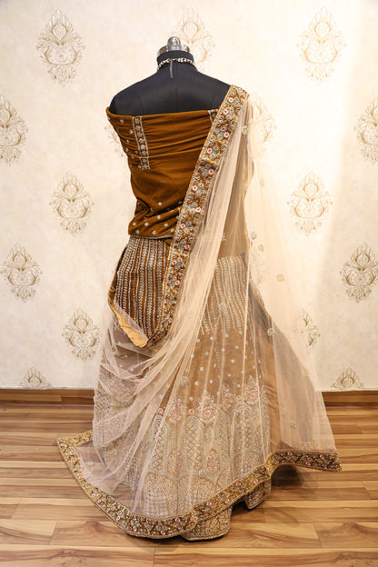 Antique Gold Velvet Bridal Lehenga