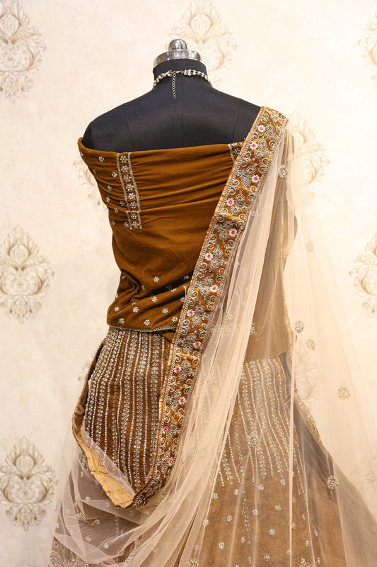 Antique Gold Velvet Bridal Lehenga