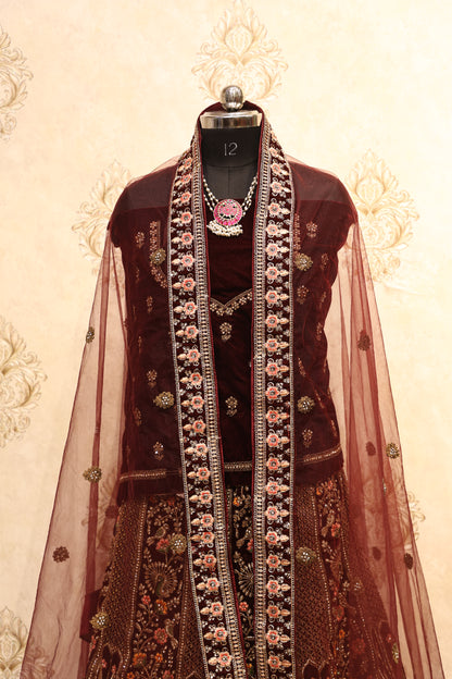 Maroon Velvet Zardozi Bridal Lehenga Set