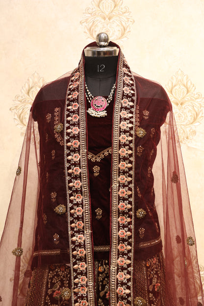 Maroon Velvet Zardozi Bridal Lehenga Set