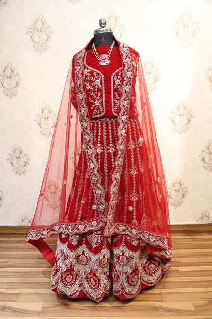 Crimson Red Heavy Bridal Lehenga with Hand Embroidery