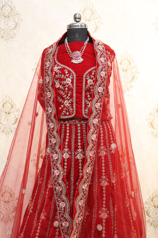 Crimson Red Heavy Bridal Lehenga with Hand Embroidery
