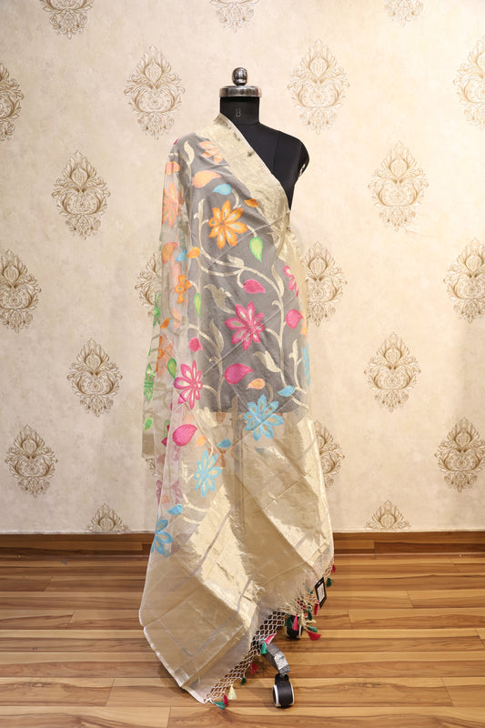 Golden Tissue Floral Embroidered Dupatta