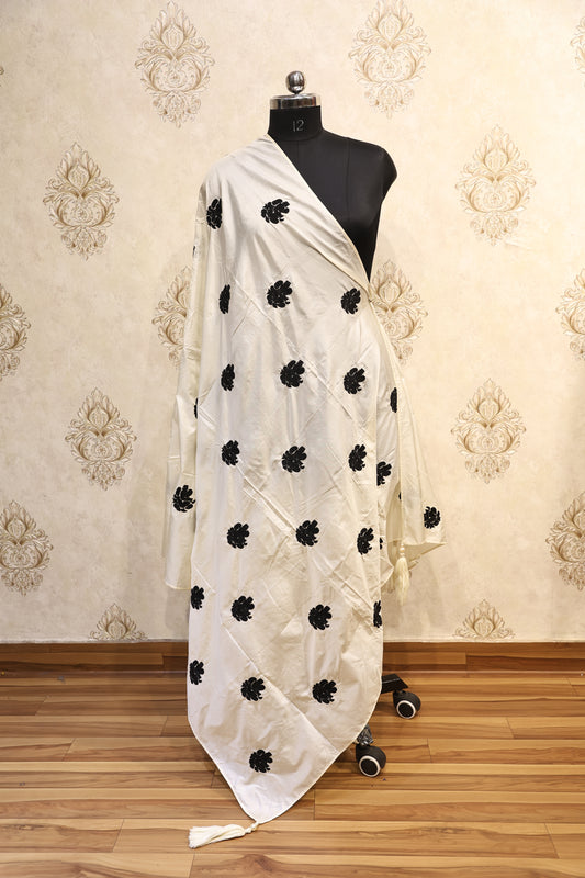 Ivory Black Floral Silk Work Dupatta