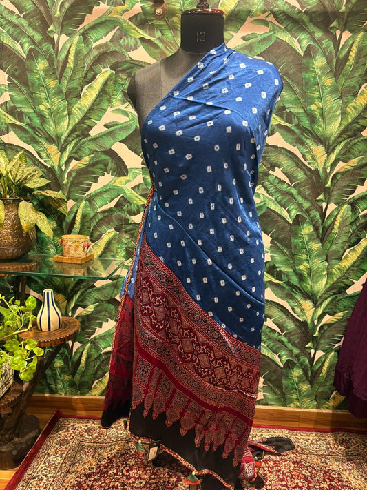 Indigo Bandhani & Ajrakh Modal Silk Dupatta