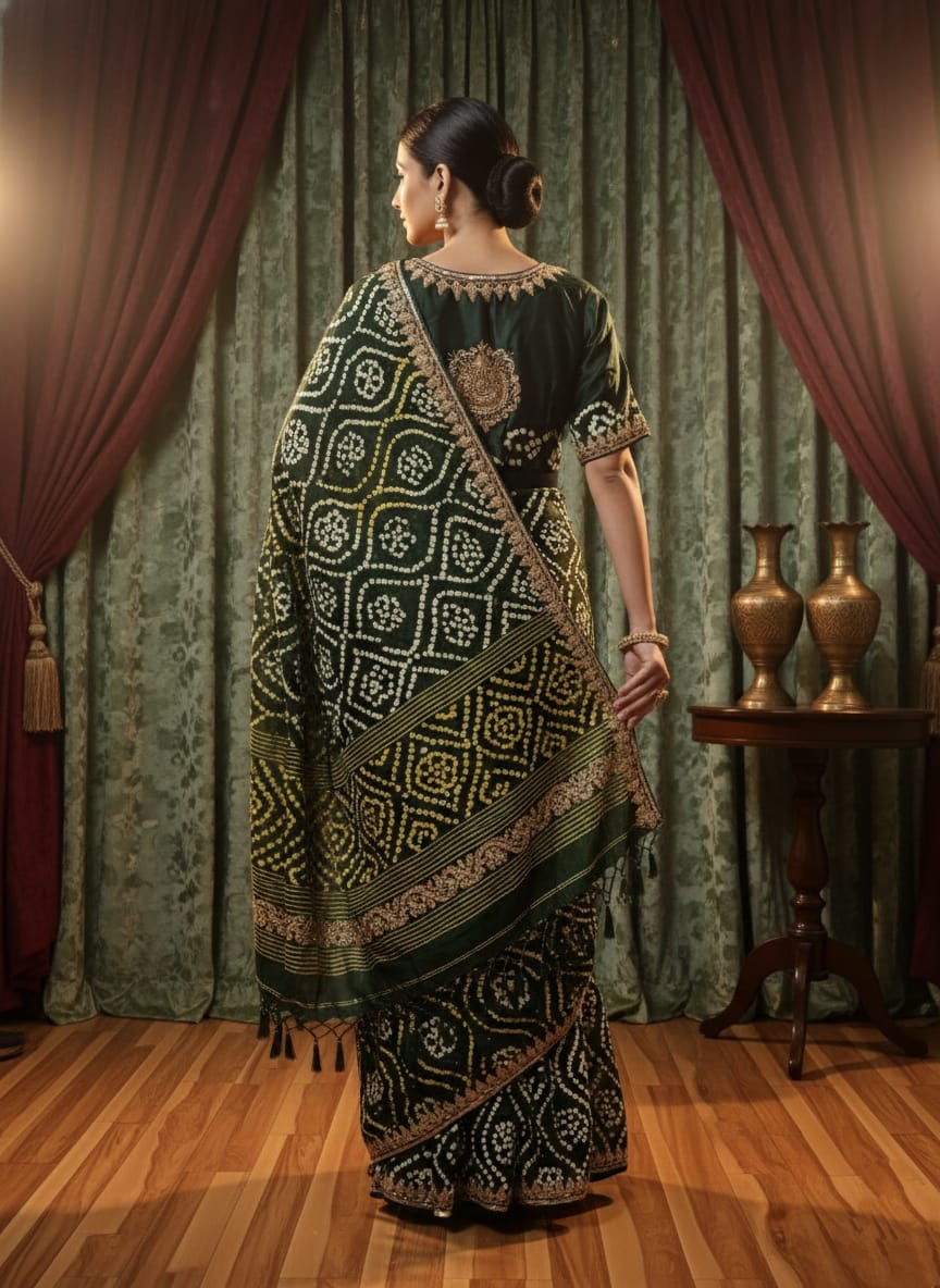 Woman in a black and white patterned saree standing in front of a curtain with a table and vases.