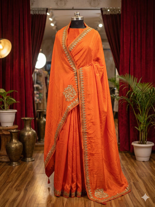 Saffron orange bridal silk saree with golden zari border displayed on mannequin.