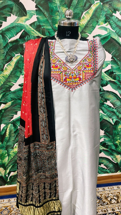 pure madhubani hand embroidery kurti with ajarak dupatta