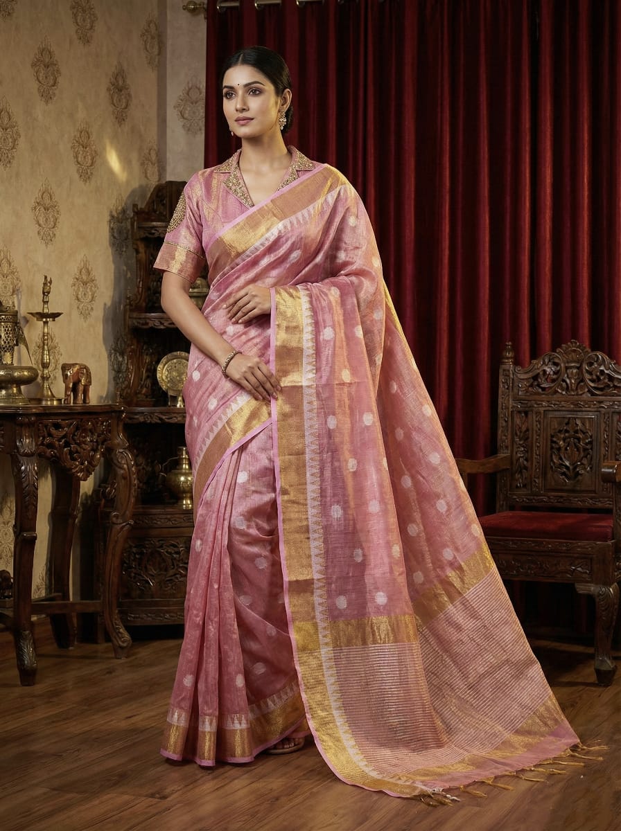 Model wearing blush pink tissue silk saree with zari border and woven motifs.