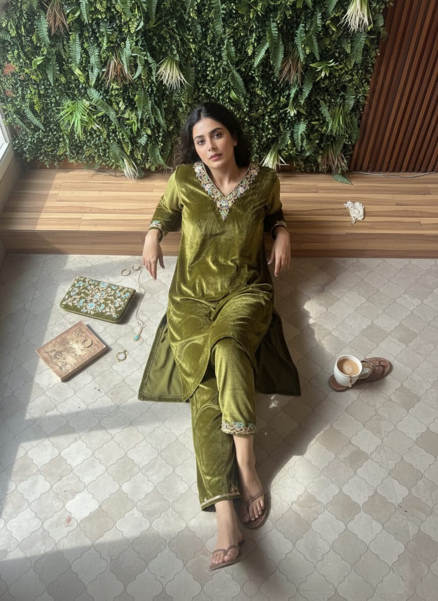 Olive green velvet pant with floral embroidered hem – Rosaya cord set detail shot