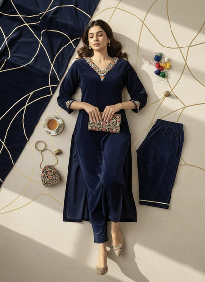 Navy blue velvet embroidered cord set for women – full outfit flat lay