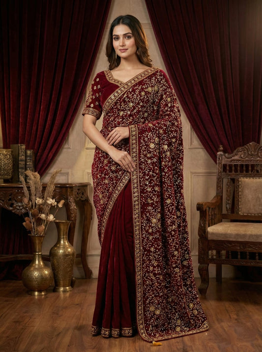Model wearing wine red Rosaya velvet bridal saree with ornate gold embroidery.
