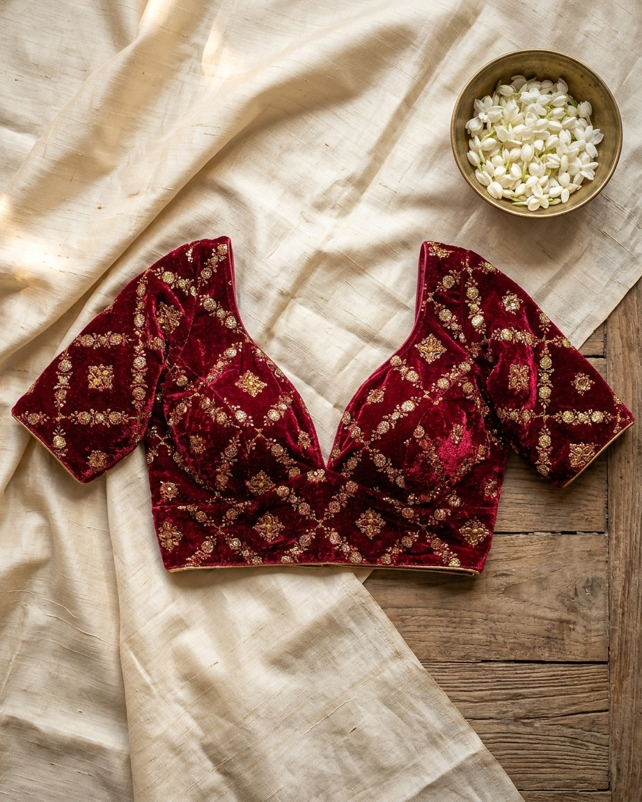 Red embroidered blouse on a wooden surface with a bowl of white flowers.